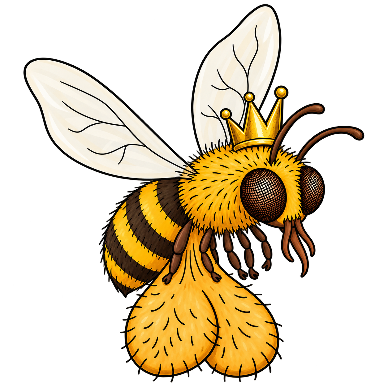 KINGBEE, a crowned golden bee with a very conspicuous pair of hairy golden balls